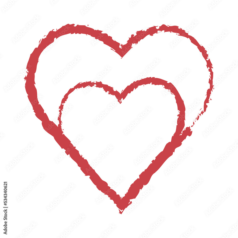 Two red painted hearts-icons as a symbol of love on a white. Creative love composition for Valentine's Day from two silhouettes of hearts. Template for clothes, postcards, posters, design