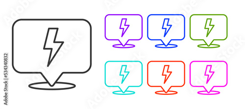 Black line Lightning bolt icon isolated on white background. Flash sign. Charge flash icon. Thunder bolt. Lighting strike. Set icons colorful. Vector