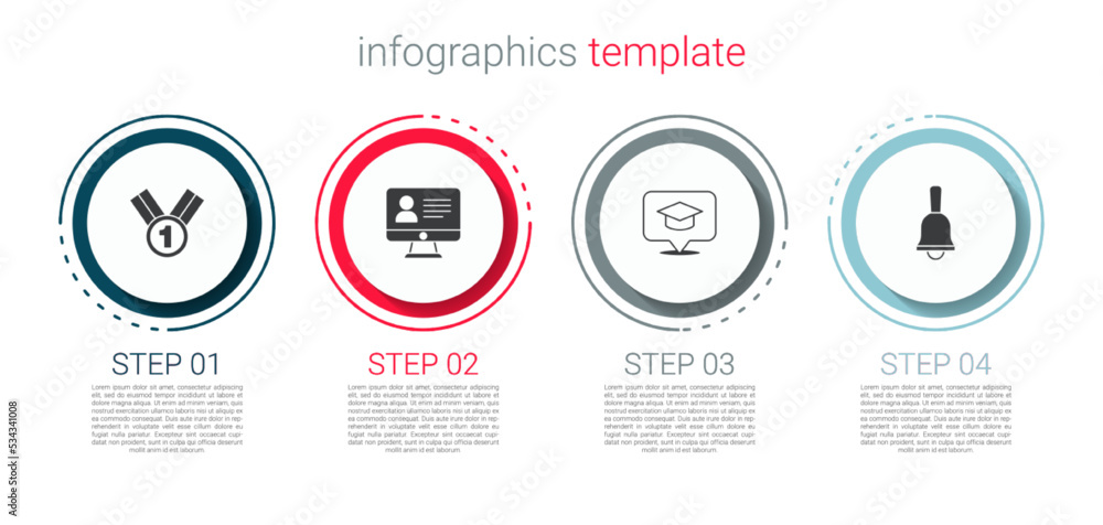 Set Medal, Online class, Graduation cap speech bubble and Ringing bell. Business infographic template. Vector Set Medal, Online class, Graduation cap speech bubble and Ringing bell. Business infographic template. Vector