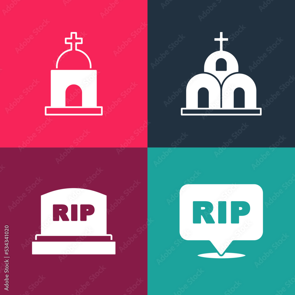 Set pop art Speech bubble rip death, Tombstone with RIP written, Church building and Old crypt icon. Vector Set pop art Speech bubble rip death, Tombstone with RIP written, Church building and Old crypt icon. Vector