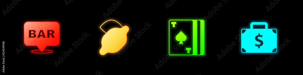 Set Alcohol bar location, Casino slot machine with lemon, Deck of playing cards and Briefcase and money icon. Vector Set Alcohol bar location, Casino slot machine with lemon, Deck of playing cards and Briefcase and money icon. Vector