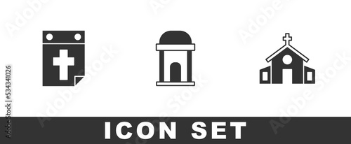 Set Calendar death, Old crypt and Church building icon. Vector
