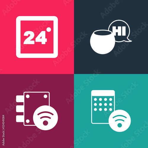 Set pop art Air humidifier, Digital door lock, Voice assistant and Thermostat icon. Vector