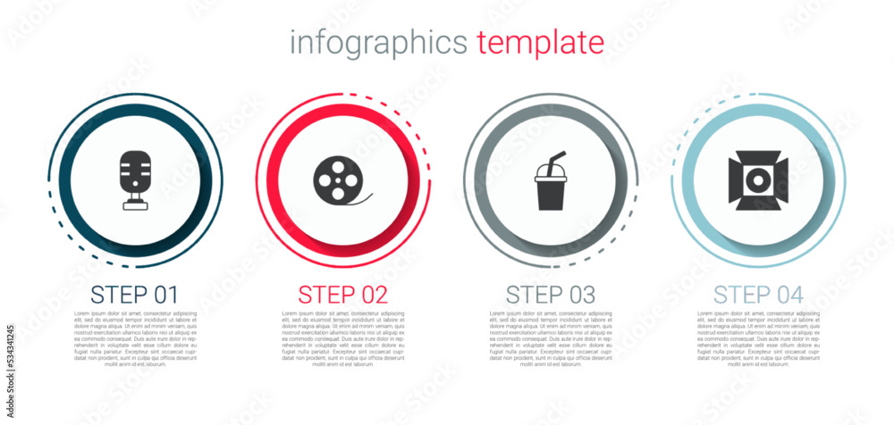 Set Microphone, Film reel, Paper glass with water and Movie spotlight. Business infographic template. Vector Set Microphone, Film reel, Paper glass with water and Movie spotlight. Business infographic template. Vector