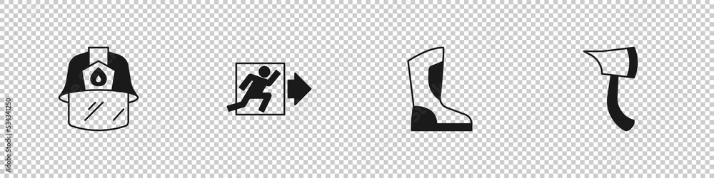 Set Firefighter helmet, exit, boots and axe icon. Vector Set Firefighter helmet, exit, boots and axe icon. Vector