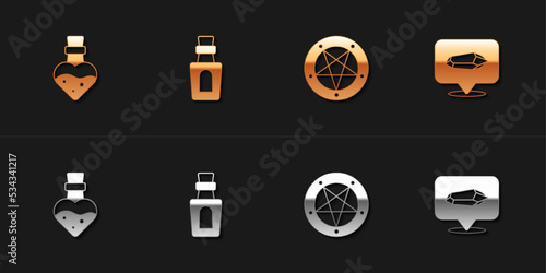 Set Bottle with potion, Pentagram in a circle and Magic stone icon. Vector