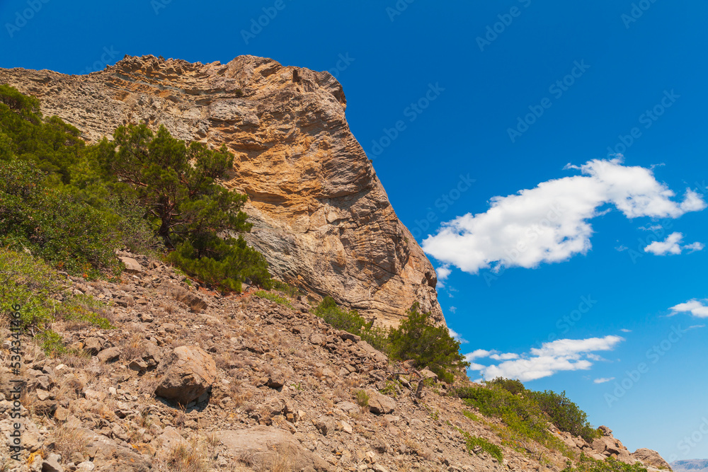 Summer Crimean landscape with coastal rock. Novyi Svit, Crimea