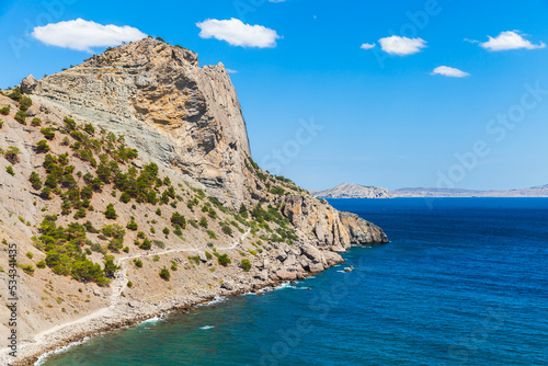 Summer Crimean landscape. Golitsyn trail at rocky Black Sea coast