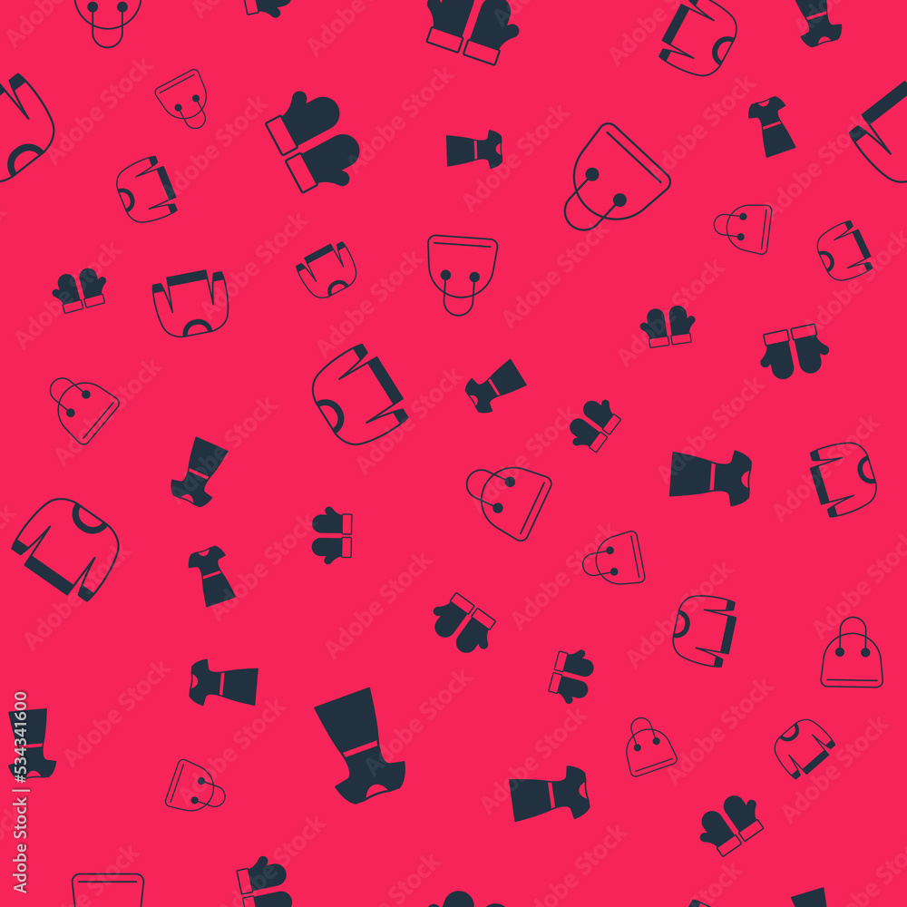 Set Woman dress, Christmas mittens, Sweater and Handbag on seamless pattern. Vector Set Woman dress, Christmas mittens, Sweater and Handbag on seamless pattern. Vector