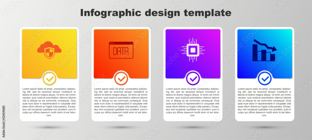 Set Cloud and shield, Data analysis, Processor CPU and Financial growth decrease. Business infographic template. Vector Set Cloud and shield, Data analysis, Processor CPU and Financial growth decrease. Business infographic template. Vector