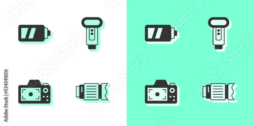 Set Camera photo lens, Battery for camera, Photo and flash icon. Vector