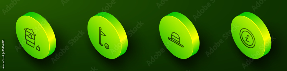 Set Isometric line Coffee cup to go, Golf flag, Elegant women hat and Coin money with pound icon. Vector Set Isometric line Coffee cup to go, Golf flag, Elegant women hat and Coin money with pound icon. Vector