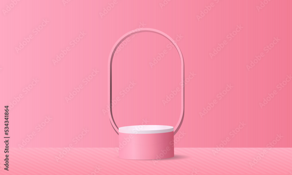 abstract 3D room with yellow, blue, pink, white realistic cylinder podium. Line arch shape on the wall. Vector rendering geometric form. Mockup product display. Minimal scene. Stage showcase.