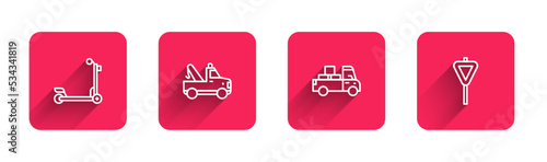 Set line Scooter, Tow truck, Delivery and Road traffic signpost with long shadow. Red square button. Vector