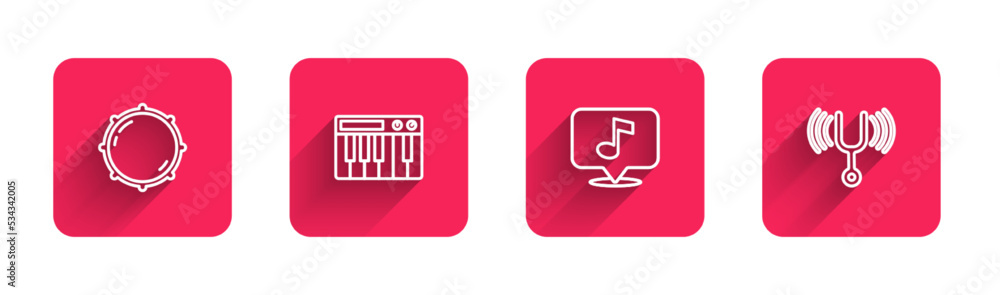 Set line Dial knob level, Music synthesizer, Musical note and tuning fork with long shadow. Red square button. Vector Set line Dial knob level, Music synthesizer, Musical note and tuning fork with long shadow. Red square button. Vector