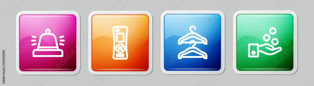 Set line Hotel service bell, Remote control, Hanger wardrobe and Paying tips. Colorful square button. Vector Set line Hotel service bell, Remote control, Hanger wardrobe and Paying tips. Colorful square button. Vector