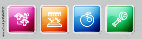 Set line Cloning, Automatic irrigation sprinklers, Genetically modified apple and Microorganisms under magnifier. Colorful square button. Vector
