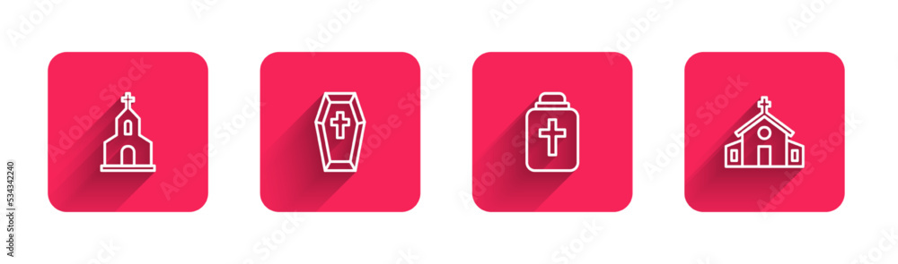 Set line Church building, Coffin with cross, Funeral urn and with long shadow. Red square button. Vector Set line Church building, Coffin with cross, Funeral urn and with long shadow. Red square button. Vector