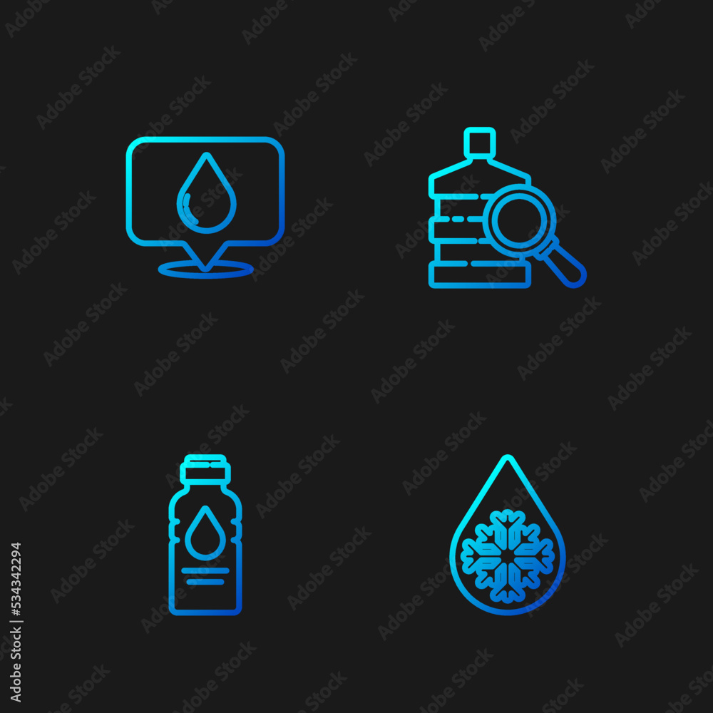 Set line Defrosting, Bottle of water, Water drop with location and Big bottle clean. Gradient color icons. Vector Set line Defrosting, Bottle of water, Water drop with location and Big bottle clean. Gradient color icons. Vector
