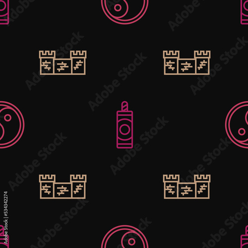 Set line Yin Yang, Great wall of China and Firework on seamless pattern. Vector