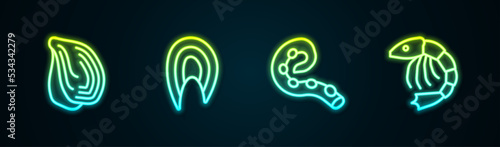 Set line Mussel, Fish steak, Octopus of tentacle and Shrimp. Glowing neon icon. Vector