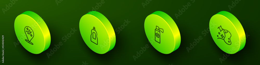 Set Isometric line Home cleaning service, Dishwashing liquid bottle, Air freshener spray and Sponge icon. Vector Set Isometric line Home cleaning service, Dishwashing liquid bottle, Air freshener spray and Sponge icon. Vector