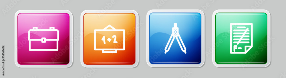 Set line School backpack, Chalkboard, Drawing compass and Exam paper with incorrect answers. Colorful square button. Vector Set line School backpack, Chalkboard, Drawing compass and Exam paper with incorrect answers. Colorful square button. Vector