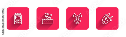 Set line Dosimeter, Radioactive waste in barrel, Acid rain and radioactive cloud and Radiation electrical plug with long shadow. Red square button. Vector
