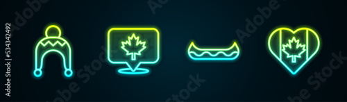 Set line Winter hat, Canadian maple leaf, Kayak and Heart shaped Canada flag. Glowing neon icon. Vector