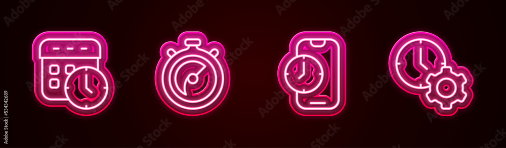 Set line Calendar and clock, Stopwatch, Alarm app mobile and Time management. Glowing neon icon. Vector Set line Calendar and clock, Stopwatch, Alarm app mobile and Time management. Glowing neon icon. Vector