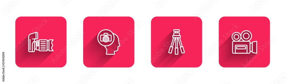 Set line Photo camera, Tripod and Retro cinema with long shadow. Red square button. Vector Set line Photo camera, Tripod and Retro cinema with long shadow. Red square button. Vector