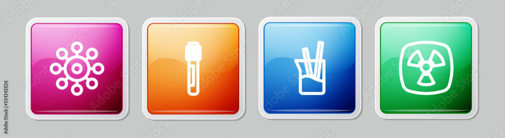 Set line Virus, Test tube, Laboratory glassware and Radioactive. Colorful square button. Vector Set line Virus, Test tube, Laboratory glassware and Radioactive. Colorful square button. Vector
