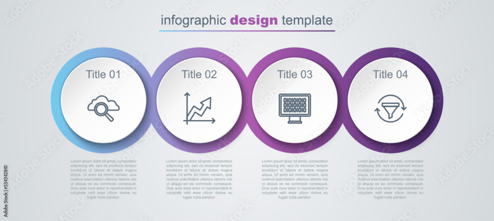 Set line Search cloud computing, Financial growth, Binary code and Sales funnel with chart. Business infographic template. Vector Set line Search cloud computing, Financial growth, Binary code and Sales funnel with chart. Business infographic template. Vector