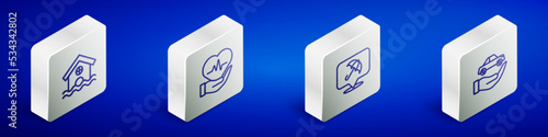 Set Isometric line House flood, Life insurance, Umbrella and Car icon. Vector