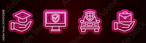 Set line Education grant, Insurance online, Car insurance and Hand holding briefcase. Glowing neon icon. Vector