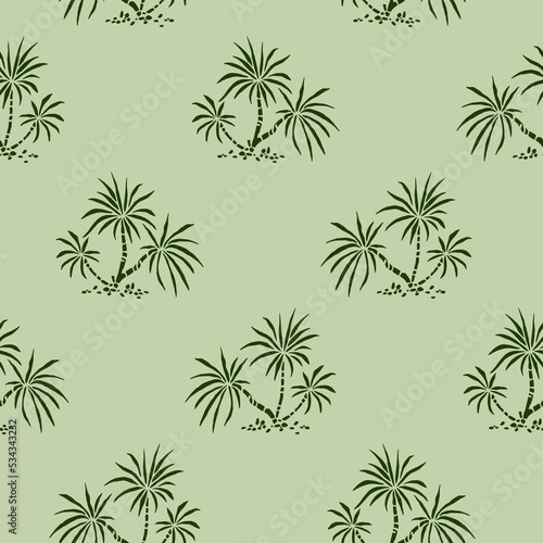 A vector seamless pattern with repeating green palm on a light green background for backdrops, fabrics, wrapping paper, greeting or invitation card or wallpaper © Irnika