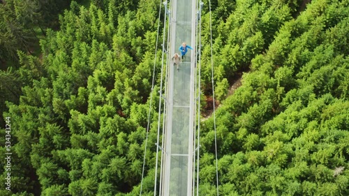 Tourists walk on pedestrian suspension Sky Bridge. Valley densely covered with green trees in Dolni Morava on sunny summer day aerial view photo
