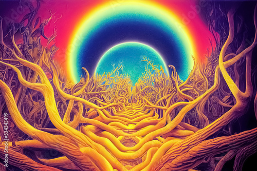 Ayahuasca experience, holistic healing, spiritual insight psychedelic vision. 3D illustration. photo