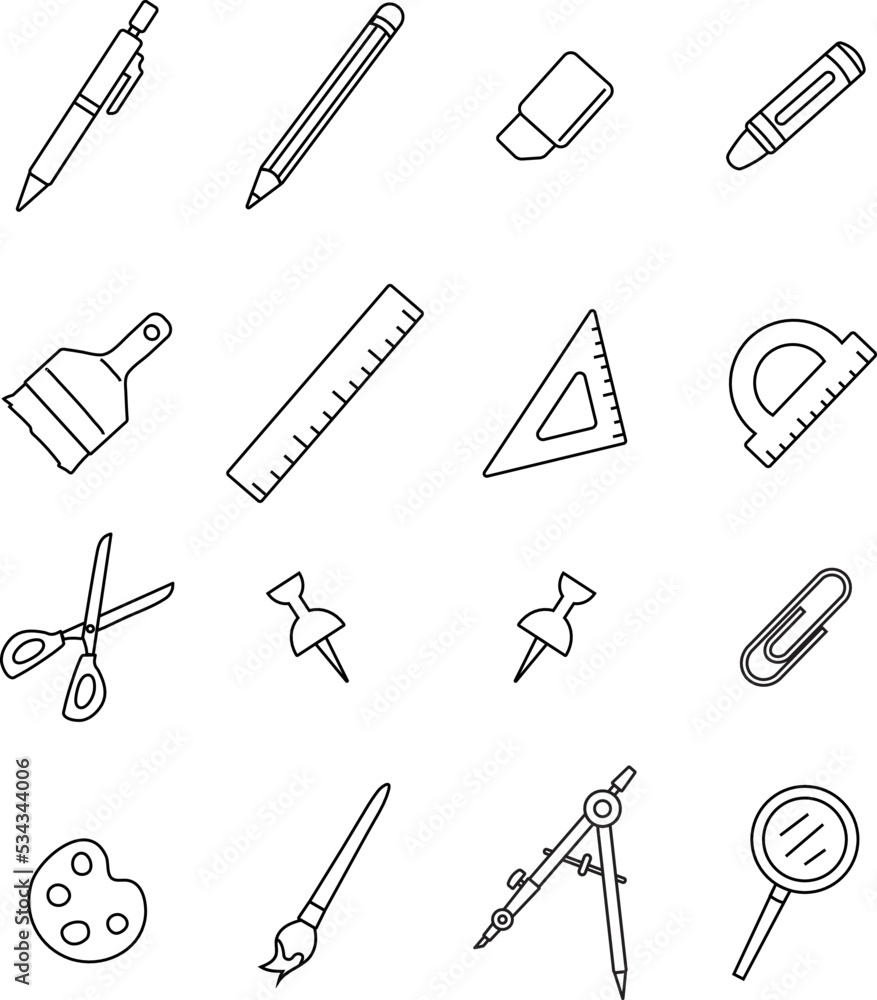 set of stationery tools collection with no color. flat vectors collection design. set of stationery tools collection with no color. flat vectors collection design.