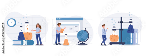 Medical tests illustration set. Laboratory doctor or chemist testing patients urine and blood samples and saving lab results online. Health care and medicine concept. Vector illustration.