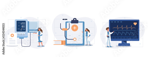 Heart disease screening and diagnostic illustration set. Doctor checks blood pressure and examine cardiogram and pulse on EKG monitor. Healthcare and medicine concept. Vector illustration.