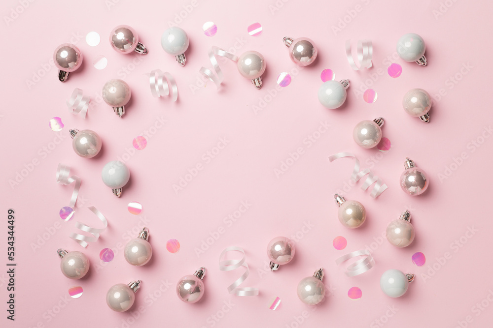 Christmas balls on color background, top view Christmas balls on color background, top view