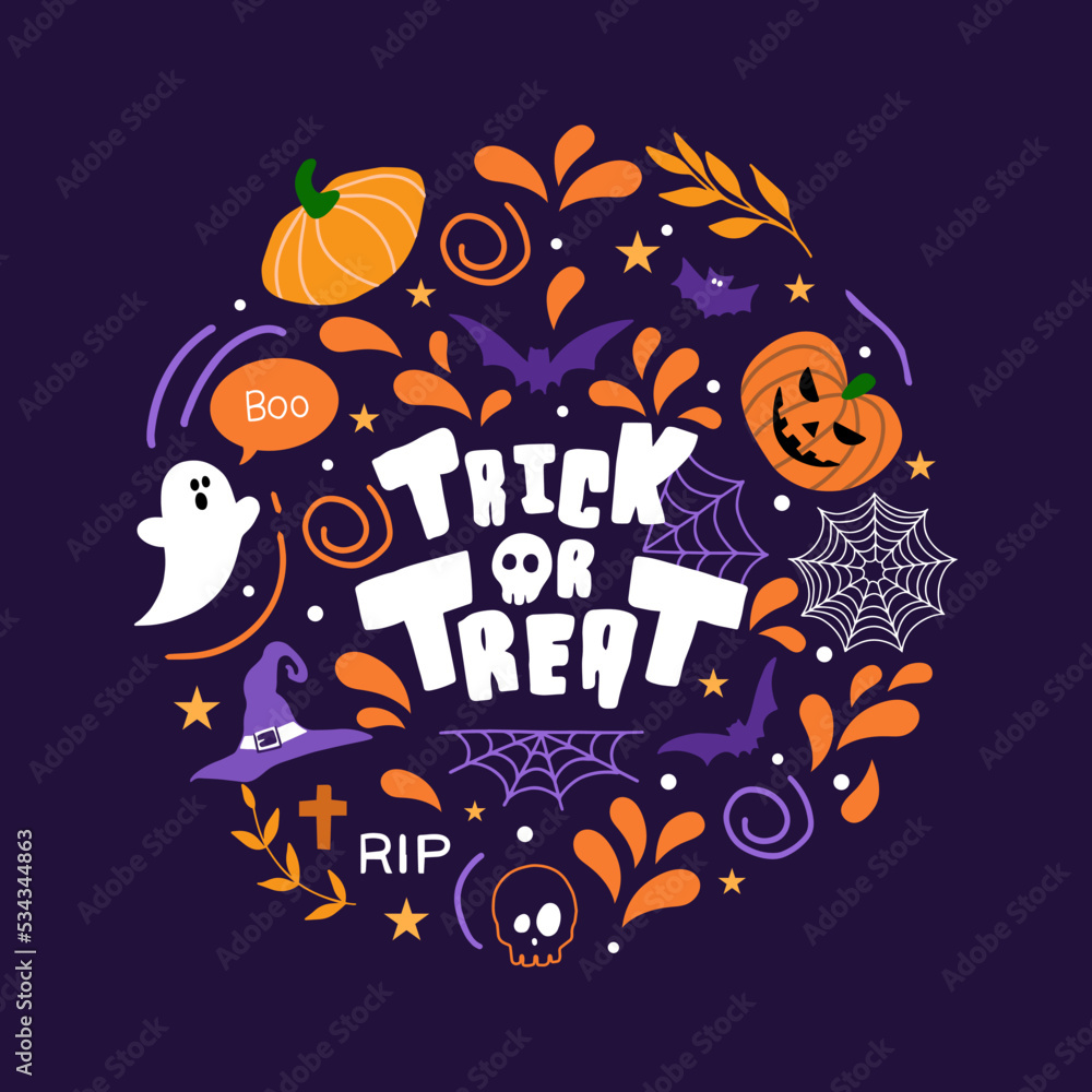 Vector Halloween frame with hand drawn doodle pumpkin, skull, witch hat, bones, candy, ghost, broom, cauldron and trick or treat word. Design for holiday card, banner, poster.
