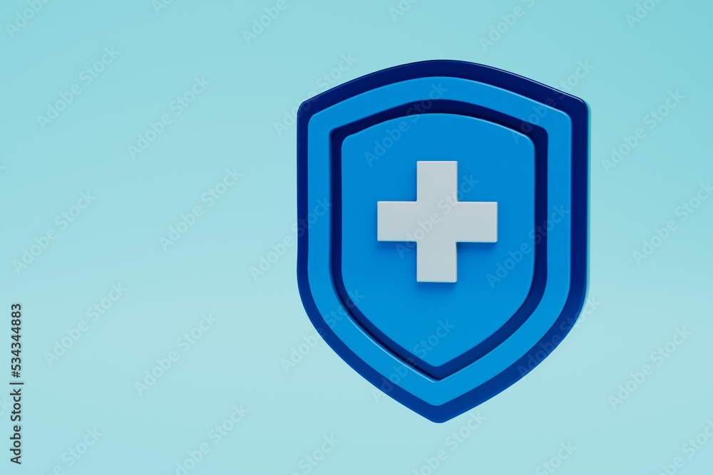 protection against diseases. blue shield with white plus sign on a blue background. 3D render protection against diseases. blue shield with white plus sign on a blue background. 3D render