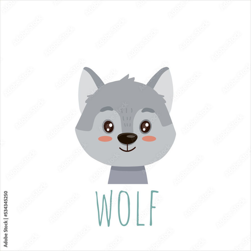 cute cartoon wolf. Animal in flat style. Vector illustration of wolf face head for cards,magazins,banners cute cartoon wolf. Animal in flat style. Vector illustration of wolf face head for cards,magazins,banners