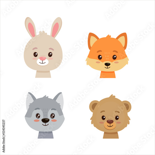 set of cute cartoon forest animals including a fox, bear, rabbit, bunny, and wolf. Vector illustration of forest animal heads and faces.