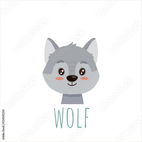 cute cartoon wolf. Animal in flat style. Vector illustration of wolf face head for cards,magazins,banners