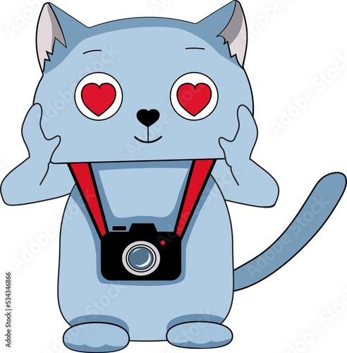 Cute cartoon blue cat is a photographer, standing with a camera around his neck, and hearts in his eyes.
