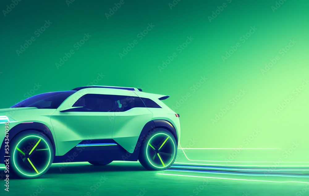 concept generic electric crossover car design in green electric futuristic style with copy space, mixed digital 3d illustration and matte painting. concept generic electric crossover car design in green electric futuristic style with copy space, mixed digital 3d illustration and matte painting.