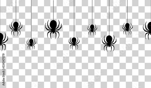 Vector realistic isolated seamless pattern with hanging spiders for decoration and covering on a transparent background. Creepy background for Halloween.